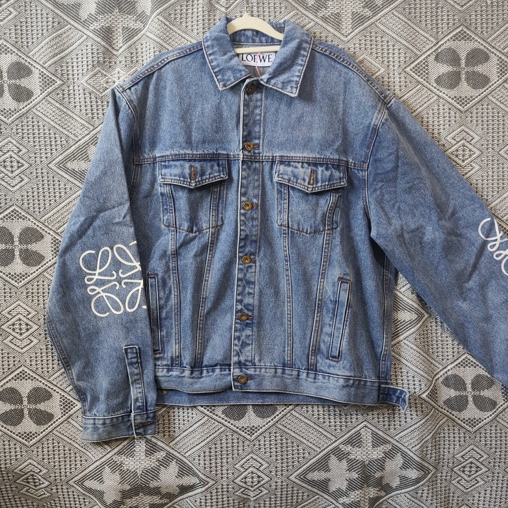 Loewe Blue Denim Jacket with White Anagram Sleeve Logos